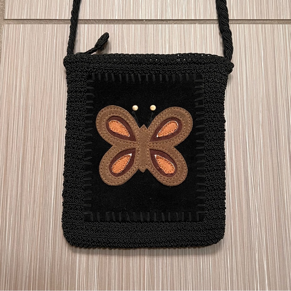 Vintage 90s Y2K Butterfly Crochet Crossbody Bag purse black brown orange leather